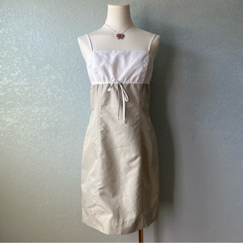 Two Tone Slip Dress Beige White Minimal Tie Front Midi Size 10